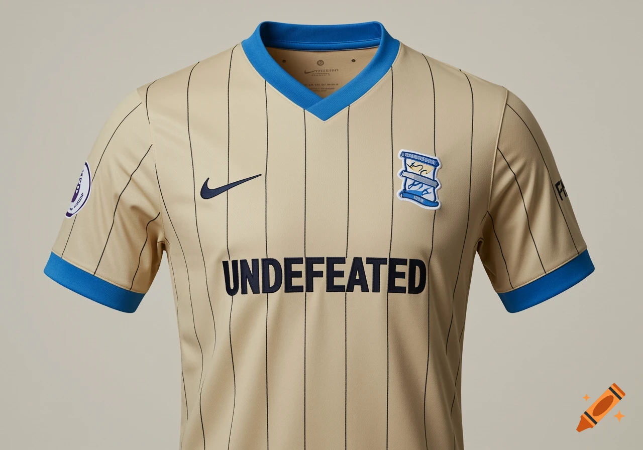 A close-up of a sand-colored football jersey with thin black stripes, a blue V-neck collar, and blue sleeve cuffs. It features a black Nike swoosh, a blue and white crest, and the word "UNDEFEATED" across the chest.