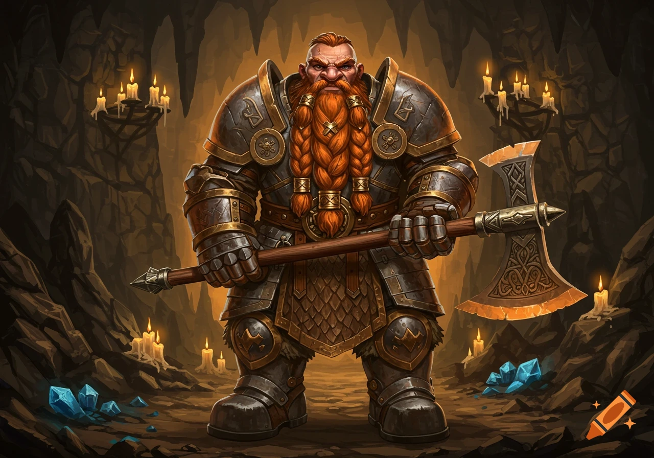 A formidable dwarf warrior in ornate armor stands in a cavern, holding a large axe, lit by candles and glowing crystals.