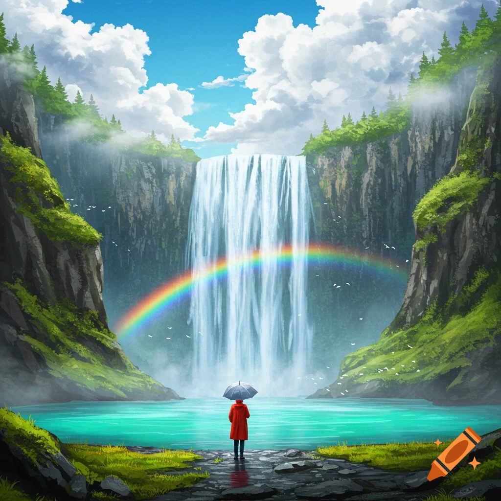 Anime style art of a person in a red coat with an umbrella facing a majestic waterfall with a rainbow over a turquoise lake.