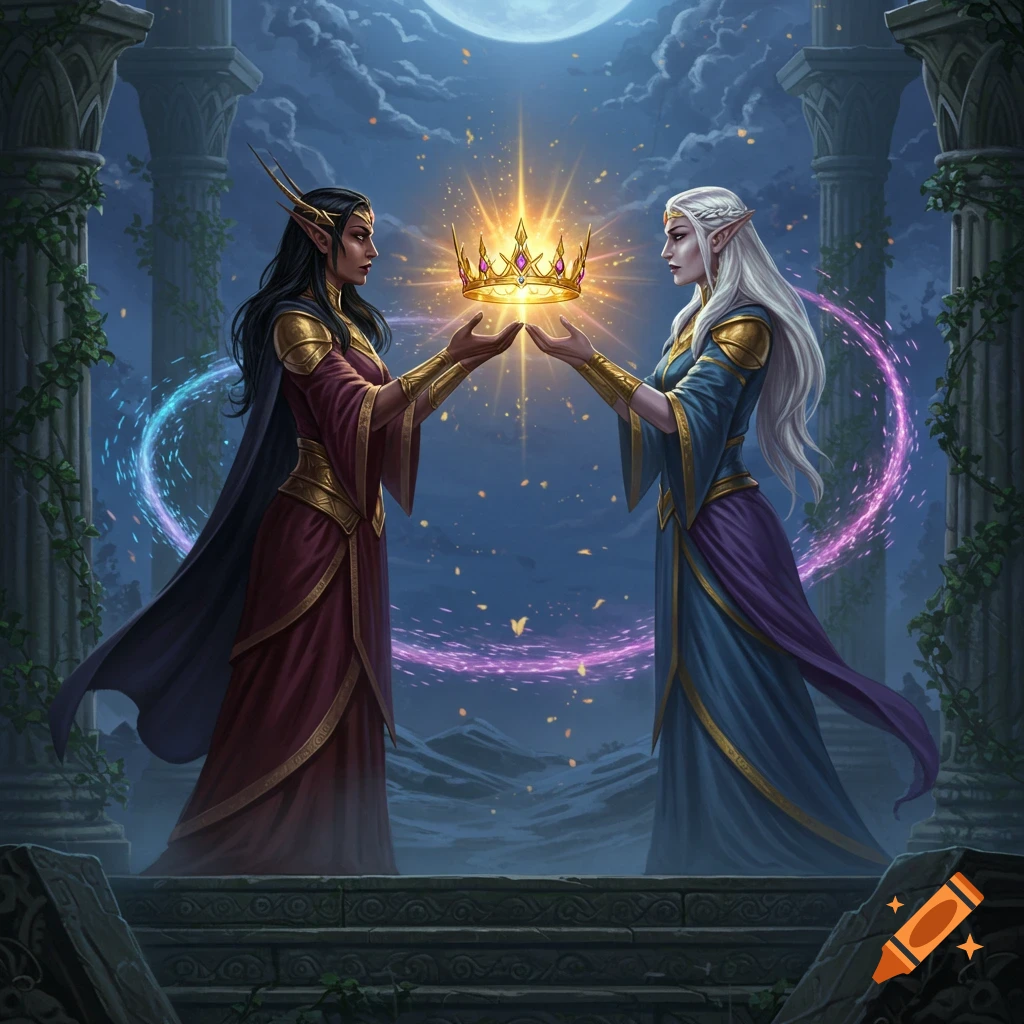 Two fantasy women with pointed ears hold a glowing crown under a full moon between ancient pillars.