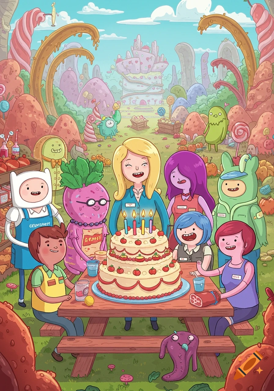 Adventure Time characters and other people gather around a large cake at an outdoor farewell party in a candy-themed landscape.