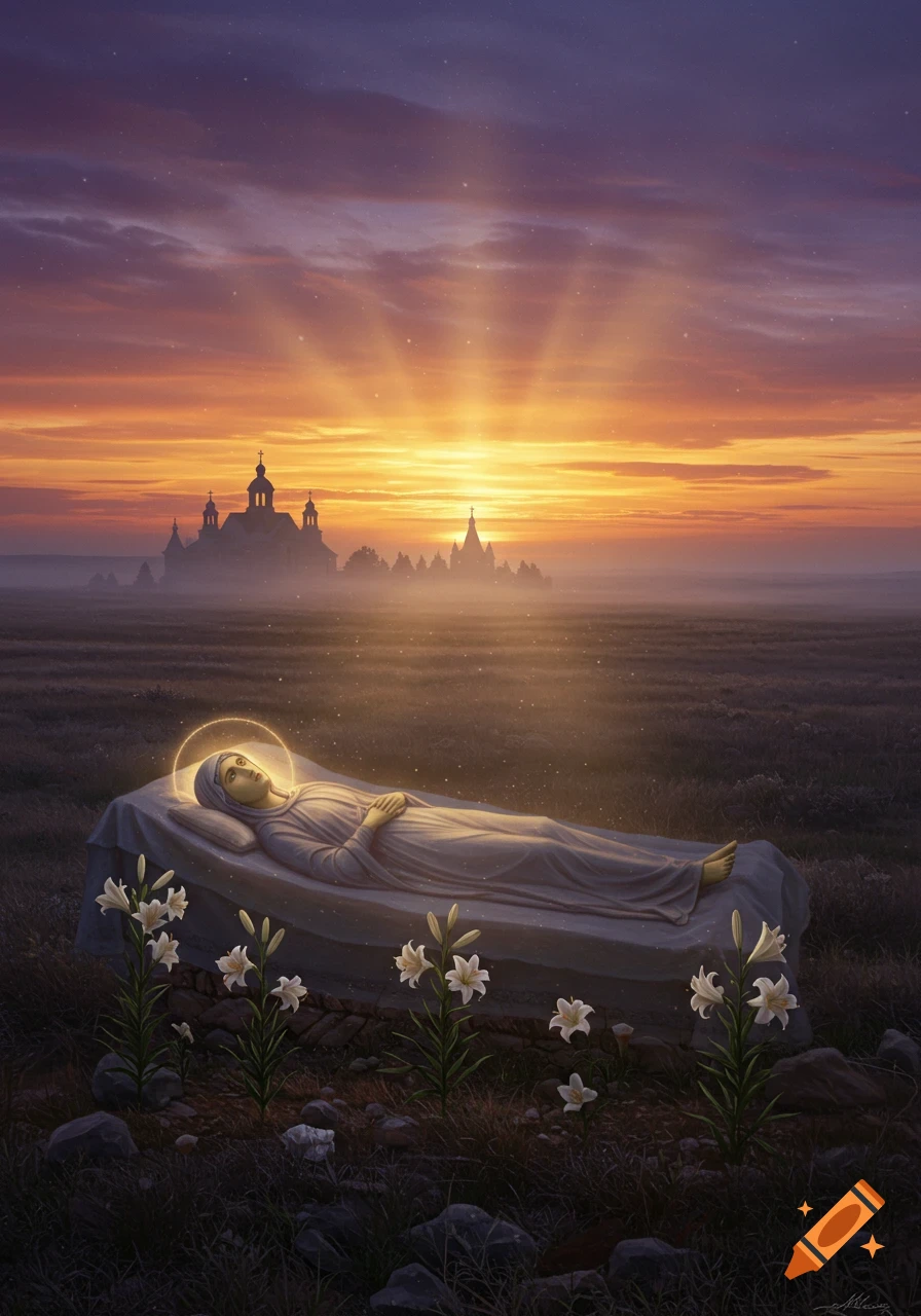 Religious painting of the Virgin Mary lying in a field surrounded by lilies at sunset, with distant churches and glowing light.