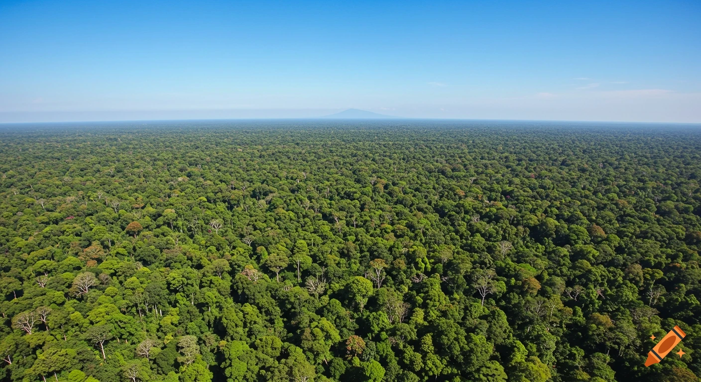 Aerial view of a vast, dense green jungle under a clear, cloudless blue sky, with a distant mountain on the horizon.