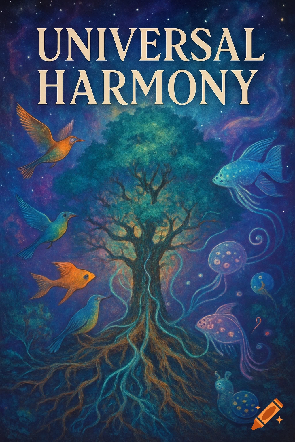 Digital painting of a vibrant tree with roots, surrounded by birds, fish, and jellyfish in a cosmic sky. Text: Universal Harmony.