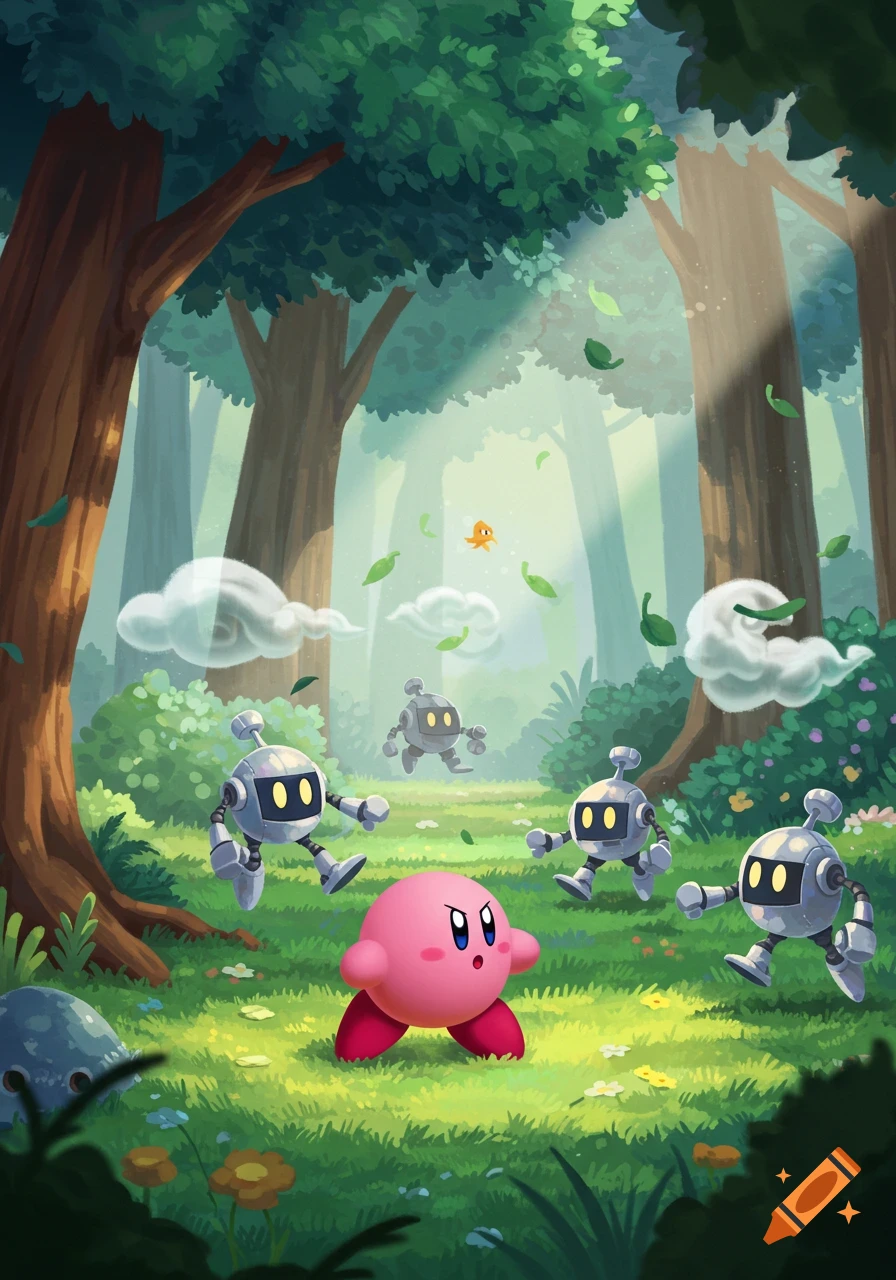 Kirby faces off against multiple robots in a vibrant, sun-dappled forest.