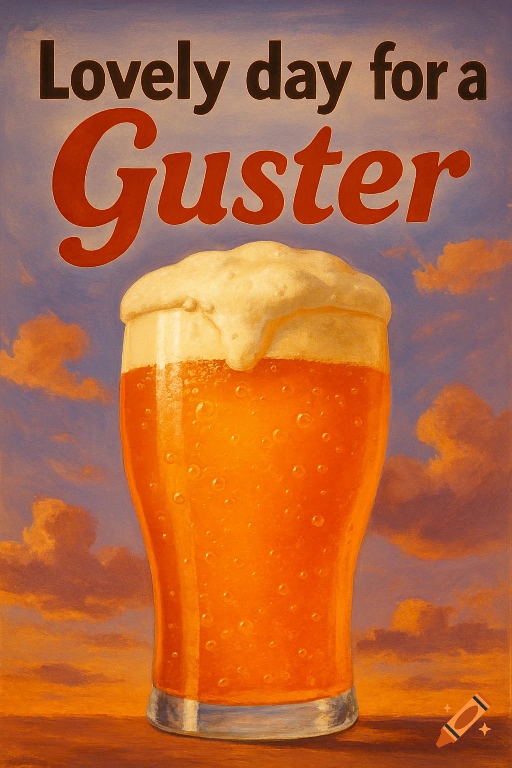 A vintage style poster with a full glass of foamy beer and text that reads 'Lovely day for a Guster' against a cloudy sky.