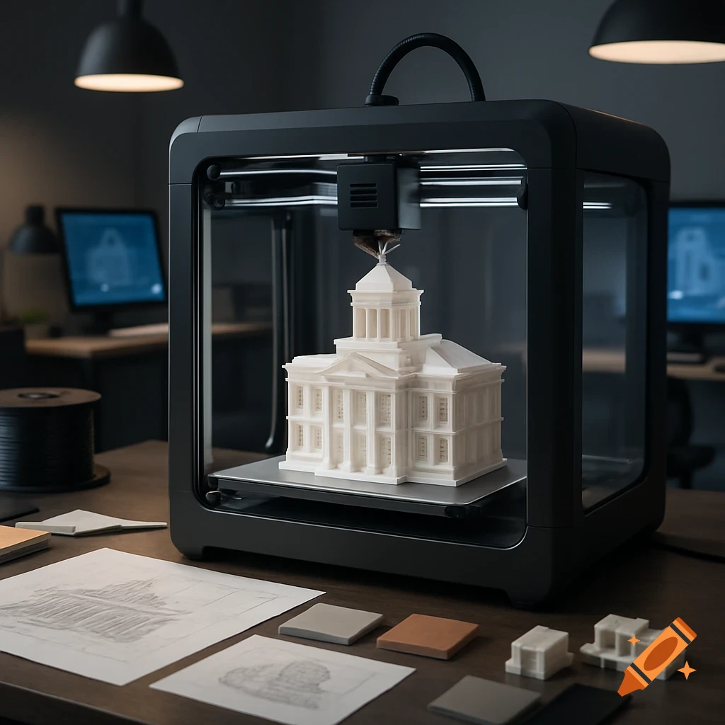 A photorealistic image of a 3D printer creating a detailed architectural model of a classical building in an office setting.