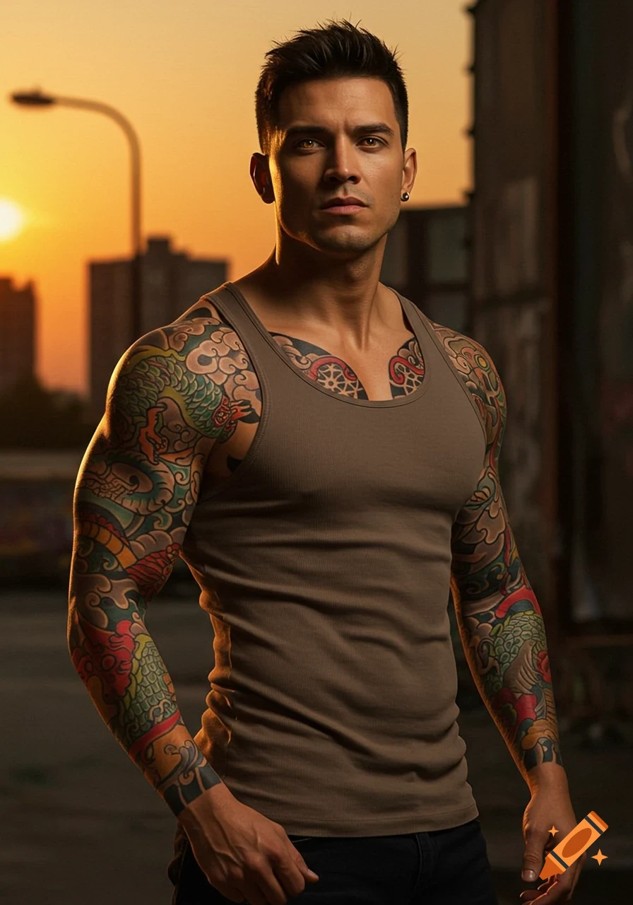 Photorealistic portrait of a man with full arm tattoos wearing a tank top, in an urban setting at sunset.