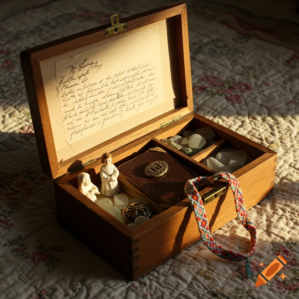 A warm, sunlit photorealistic image of an open wooden memory box on a floral quilt, filled with figurines, sea glass, a book, and a woven bracelet.