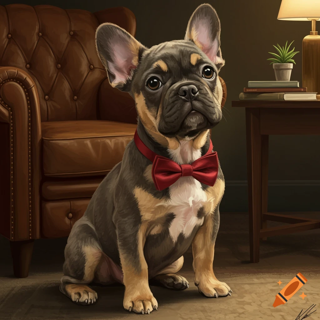 A cute French bulldog with a red bowtie sits on a rug in a room with a leather armchair and a side table.