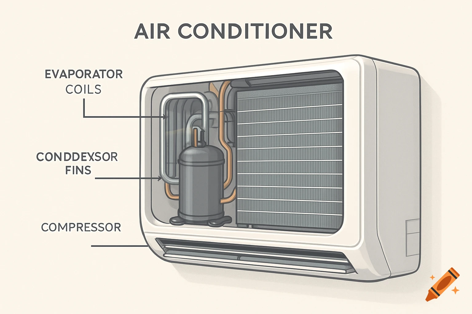 Anatomy diagram of an air conditioner showing its internal components like evaporator coils, condenser fins, and compressor.