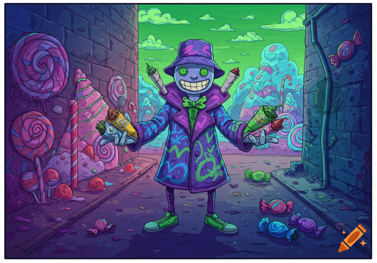 A grinning, purple-clad character in a candy-filled alley holds two wrapped bundles resembling cannabis joints, in a vibrant graffiti-marker style.