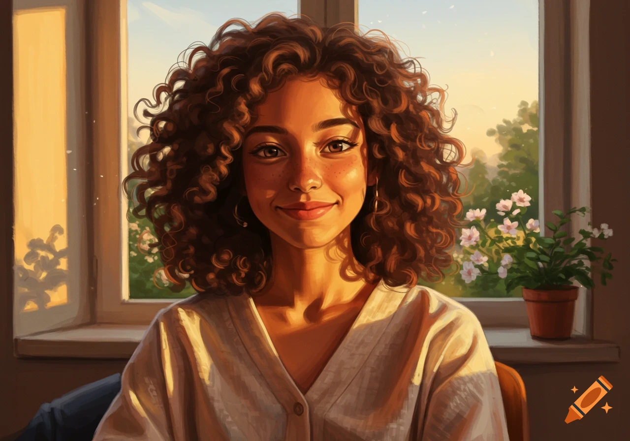 A digitally painted portrait of a smiling young woman with curly brown hair and freckles, bathed in warm sunlight by a window.
