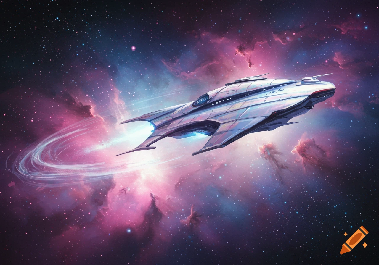 A futuristic silver spaceship with blue glows, flying through a vibrant purple and pink nebula filled with stars, in an impressionistic style.
