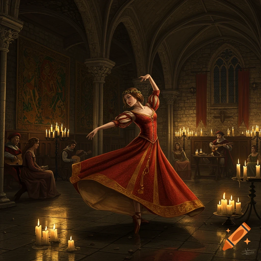 A woman in a red medieval dress dances gracefully in a candlelit stone hall, with musicians and onlookers in the background.