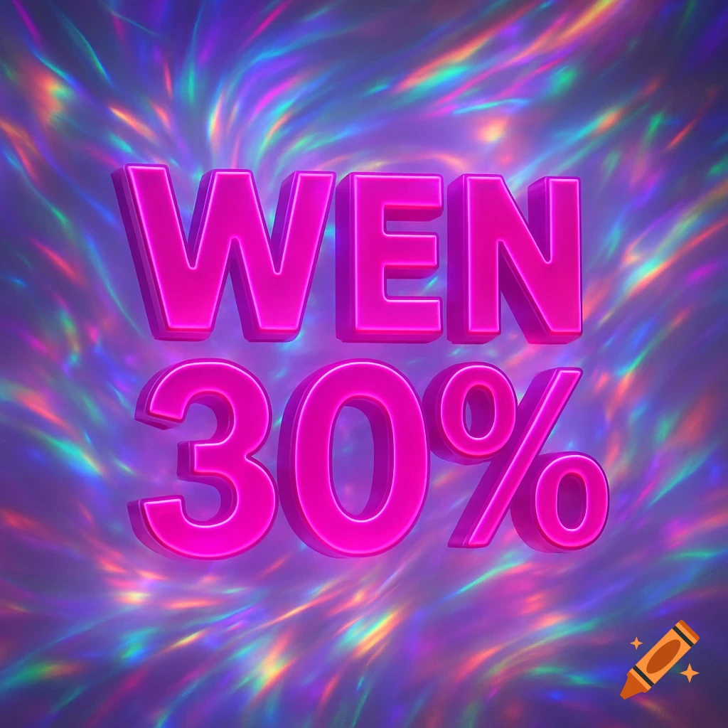 Pink 3D text "WEN 30%" on a vibrant, swirling psychedelic background.