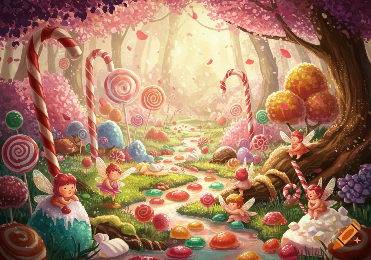 A whimsical illustration of a candy forest with a path of sweets, giant lollipops, and cute fairies with wings playing among the treats.