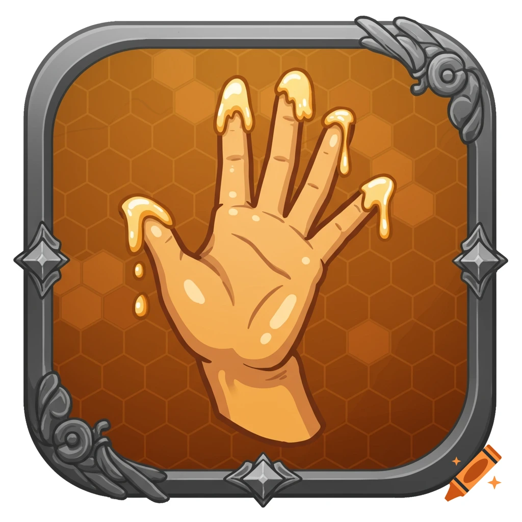 A stylized game icon featuring a hand covered in dripping yellow honey on a honeycomb background.