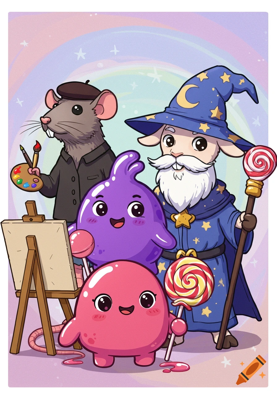 A cartoon rat artist, purple and pink blobs holding lollipops, and a wizard goat standing in a group.