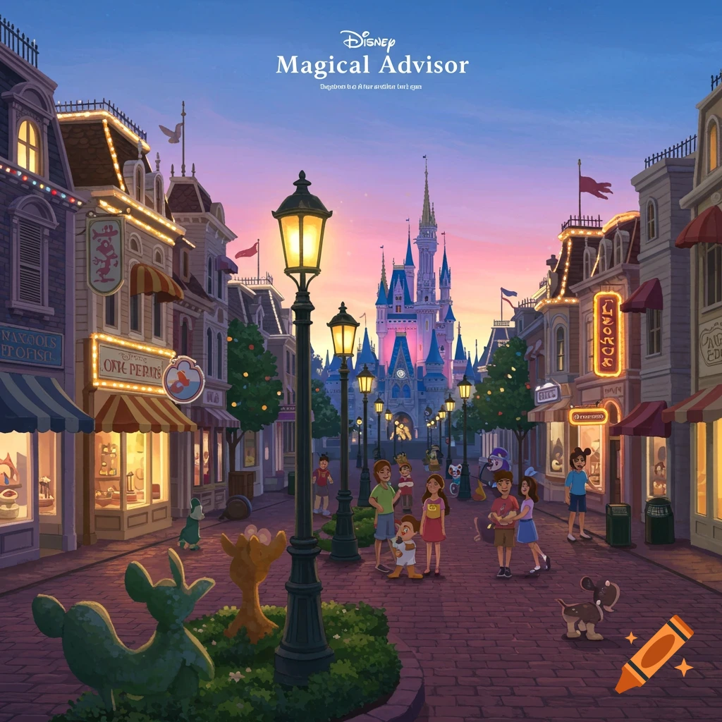 An animated scene of a bustling Main Street leading to a magical castle at sunset, with families, shops, and street lamps.