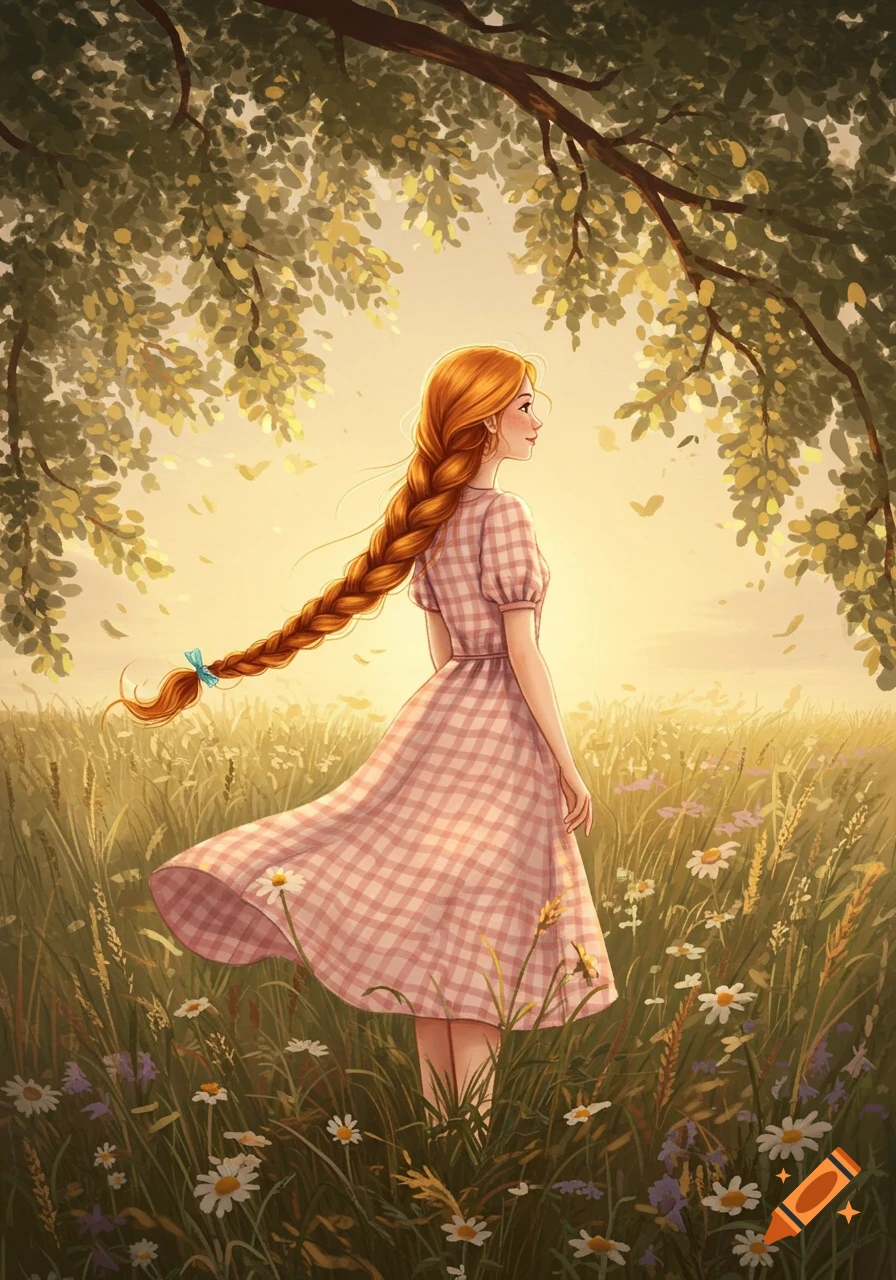 Illustration of a red-haired woman with a long braid, in a pink dress standing in a sunny, flower-filled meadow.