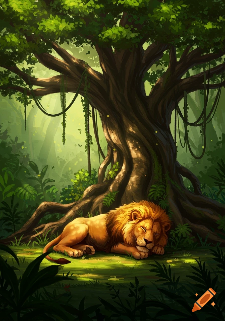 An illustrative image of a golden-maned lion sleeping peacefully under a large, gnarled tree in a lush, green jungle.