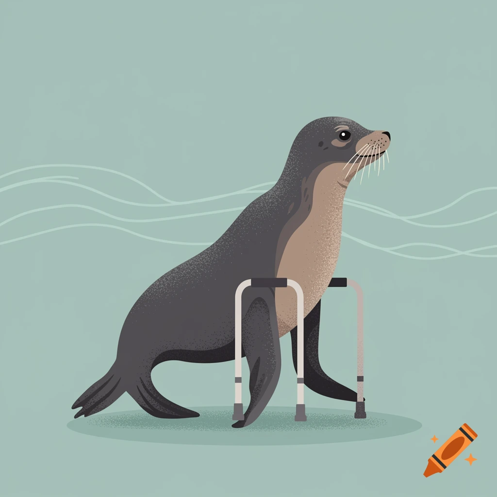 An illustration of a grey seal standing with a silver walking frame on a light blue background.