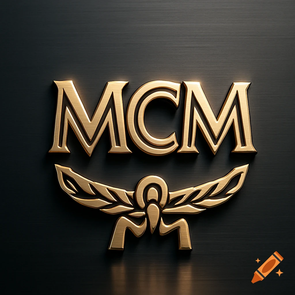 A gold metallic MCM logo with a wing-like emblem on a dark, brushed metal background.