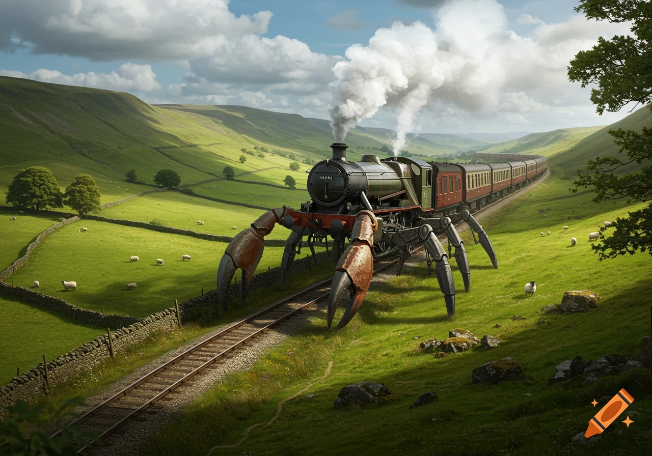 A photorealistic image of a vintage steam train with large crab legs, moving on railway tracks through a green, hilly valley with sheep.