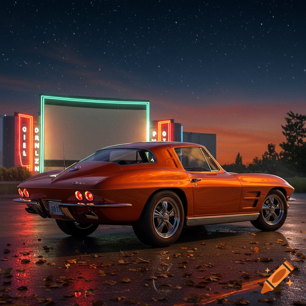 An orange 1963 Chevrolet Corvette split window coupe parked at a drive-in movie theater at dusk with neon lights and a starry sky.