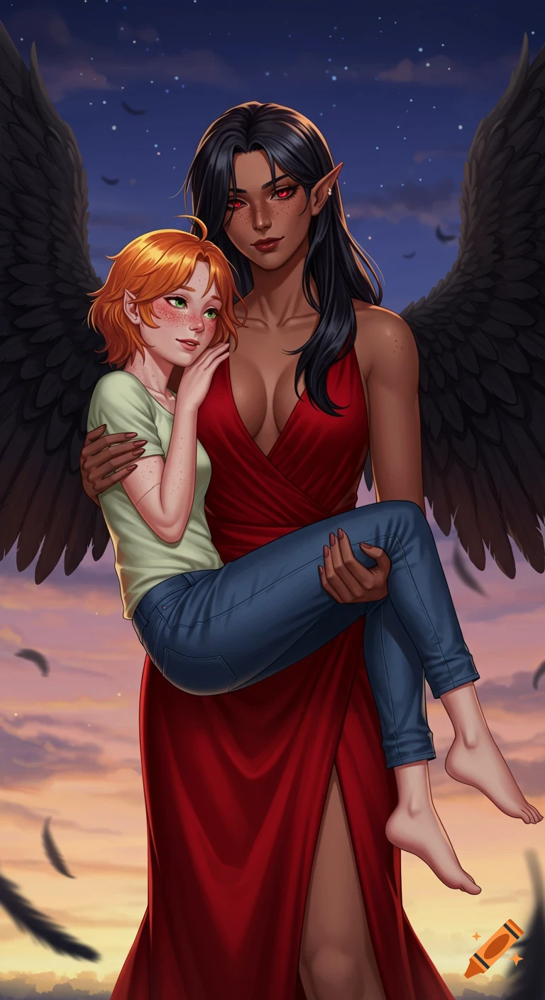 A tall, winged woman in a red gown carries a smaller, orange-haired woman in a tender anime-style illustration against a twilight sky with falling feathers.