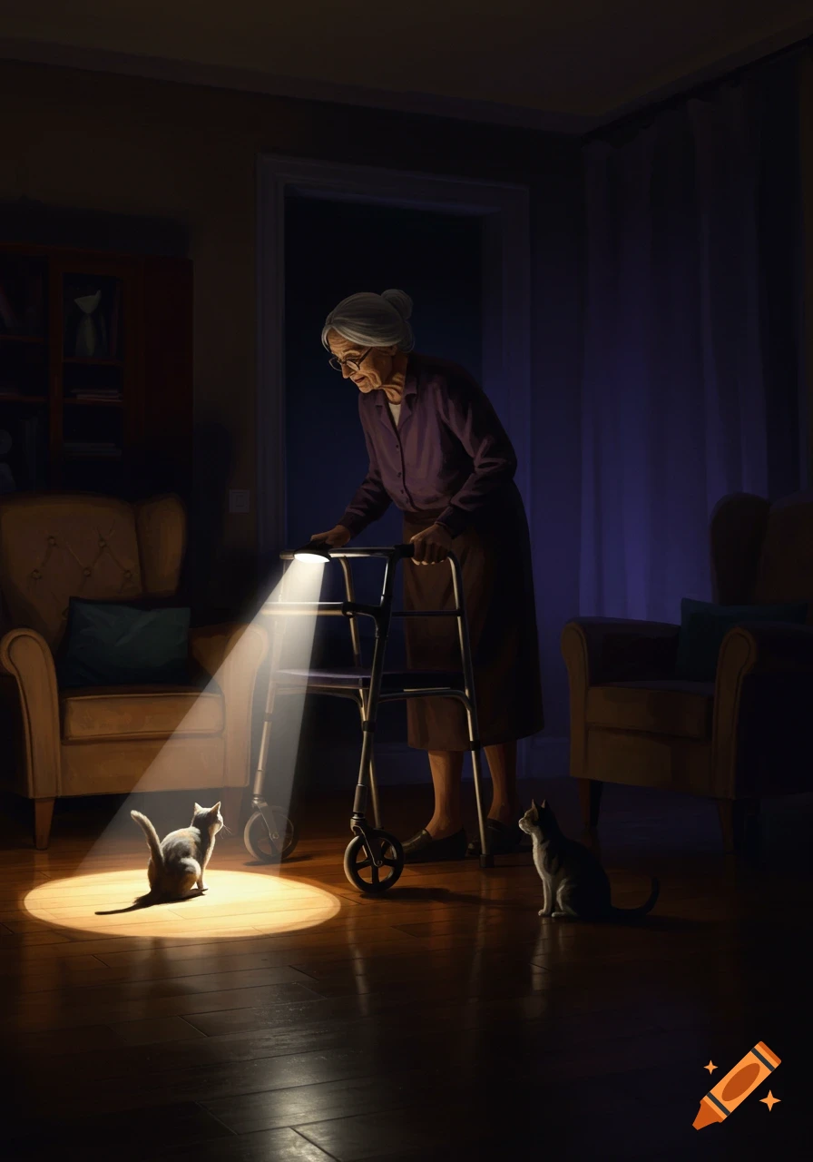 An elderly woman with a walker illuminates two cats with a spotlight in a dimly lit lounge room.
