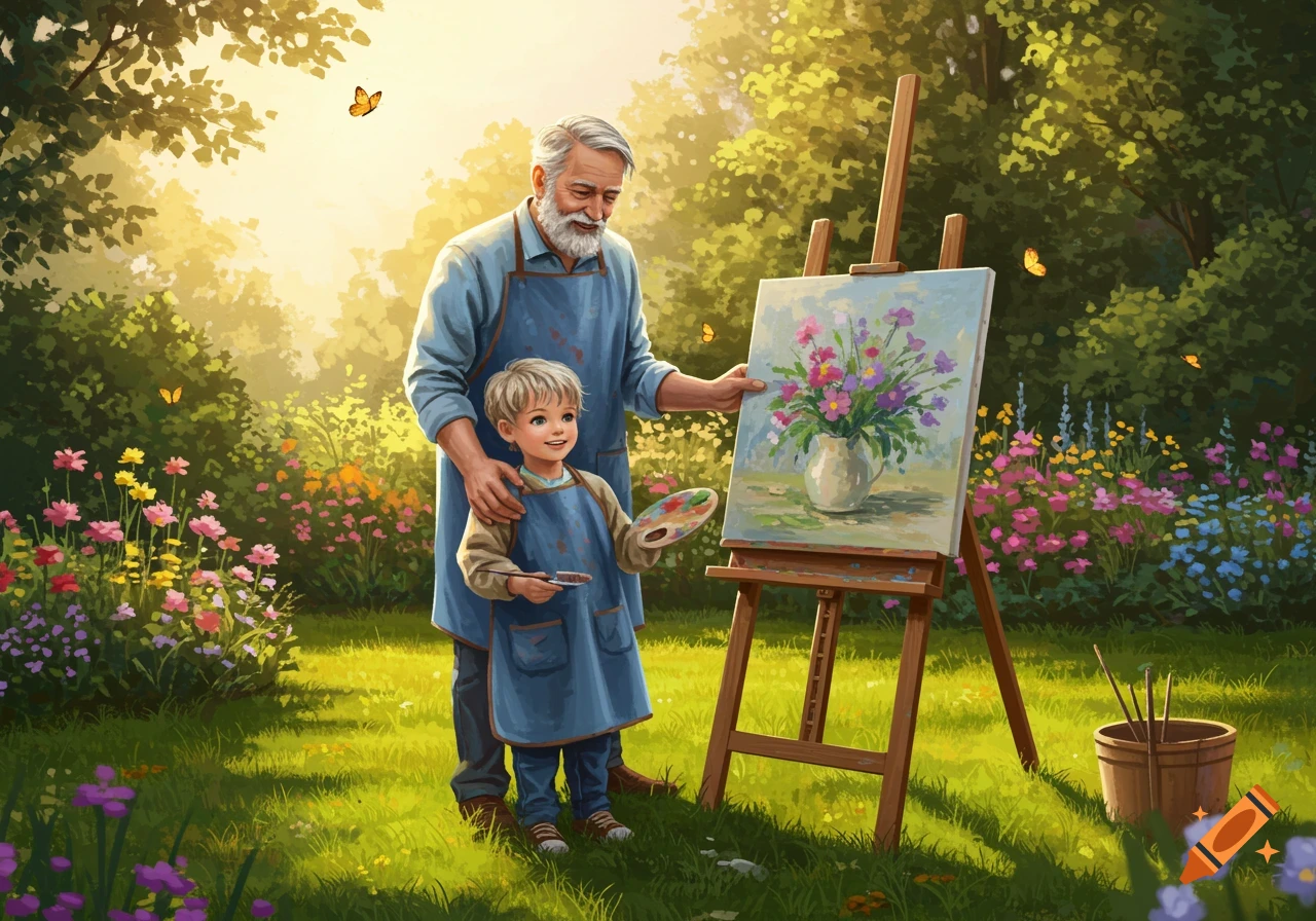 A grandfather and grandson in blue smocks painting flowers on an easel in a sunny, colorful garden.