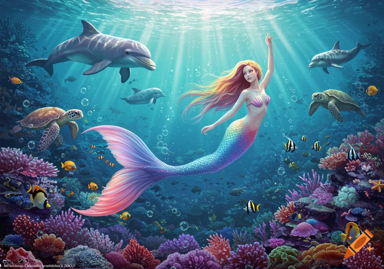A vibrant illustration of a beautiful mermaid with long, flowing hair and a rainbow tail, swimming gracefully underwater amidst colorful coral reefs, dolphins, turtles, and various fish.