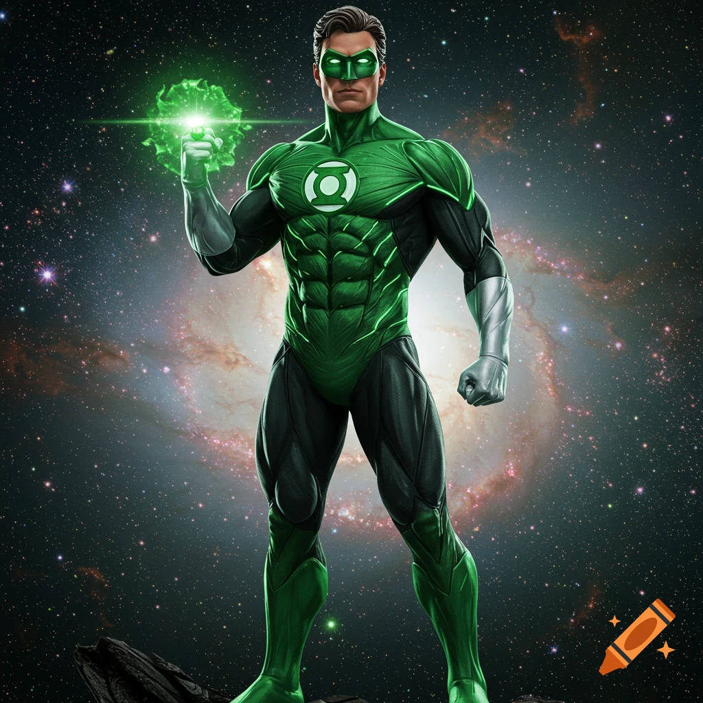 An ultra-realistic depiction of Green Lantern standing against a galaxy background, holding a glowing green energy construct.