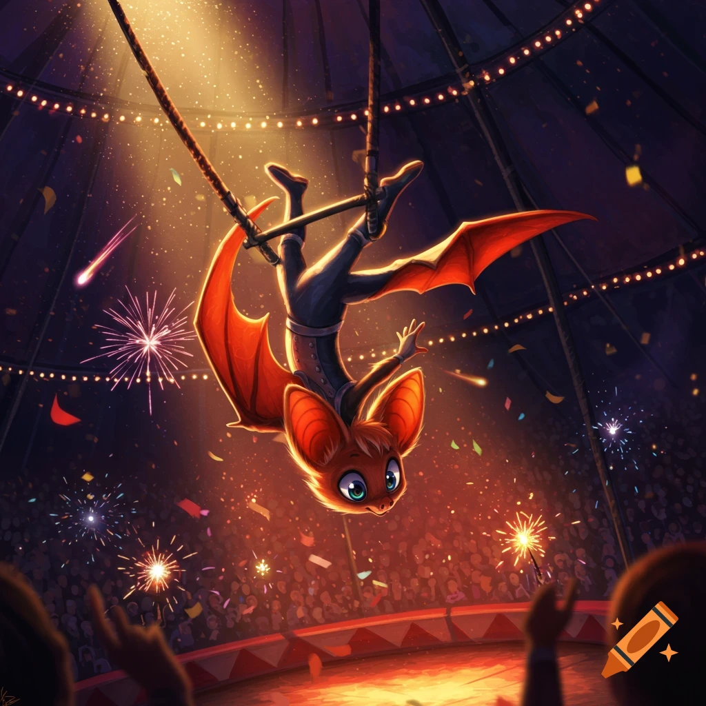 A cute, anthropomorphic bat with red wings performs acrobatics on a trapeze bar in a vibrant circus tent, with confetti and fireworks, viewed from the audience.