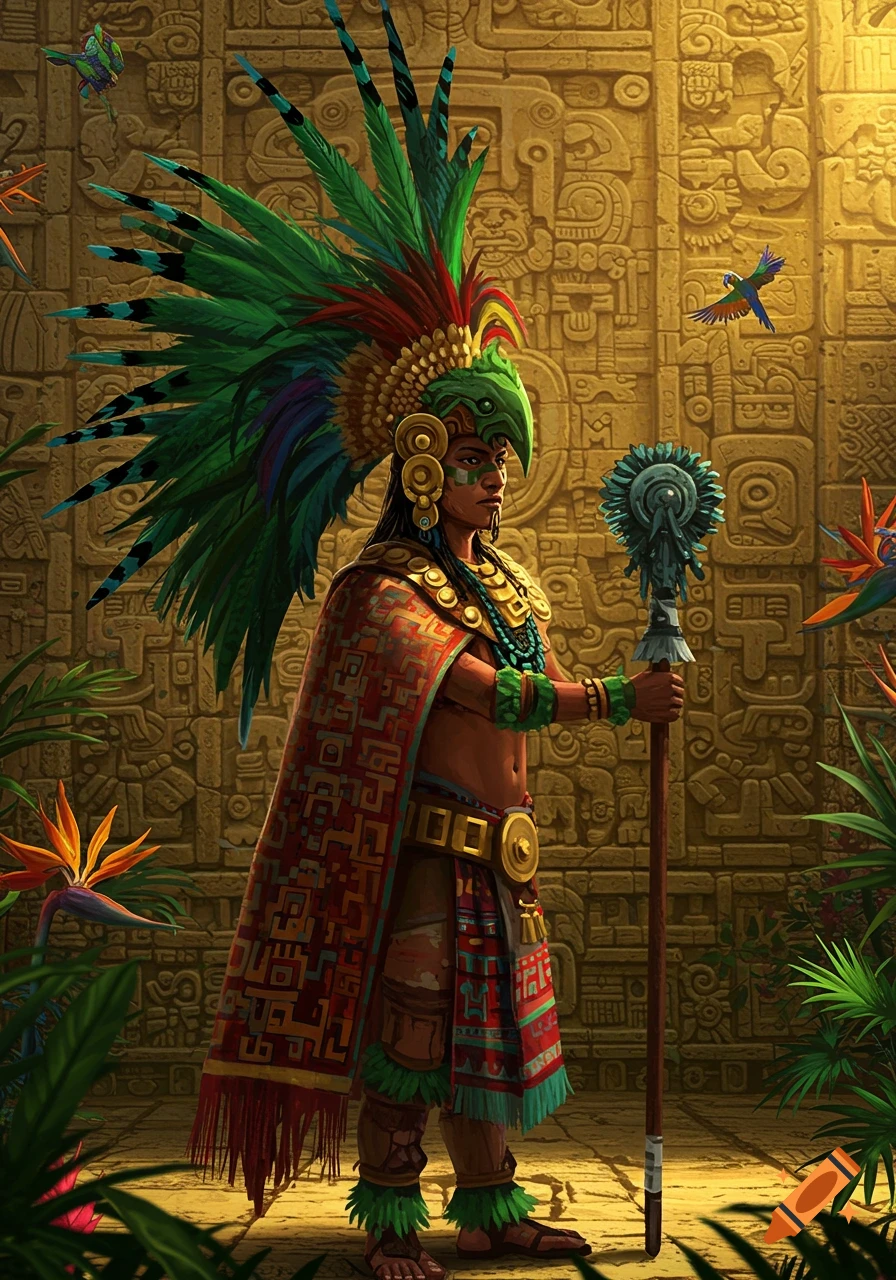 A majestic figure in vibrant traditional Aztec attire with a large feathered headdress stands in a temple with carved walls.