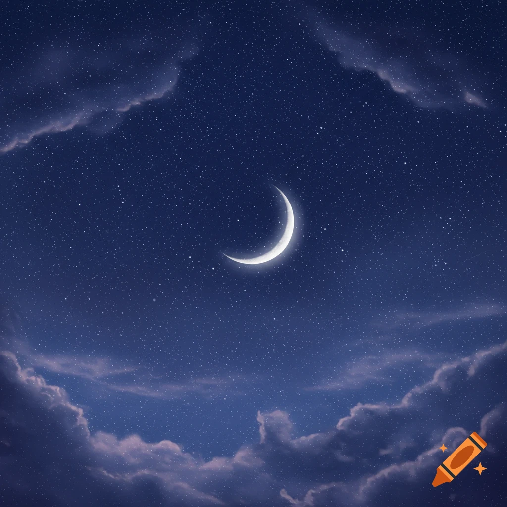 A bright crescent moon glows in a dark blue night sky filled with numerous small stars, framed by dramatic dark clouds.