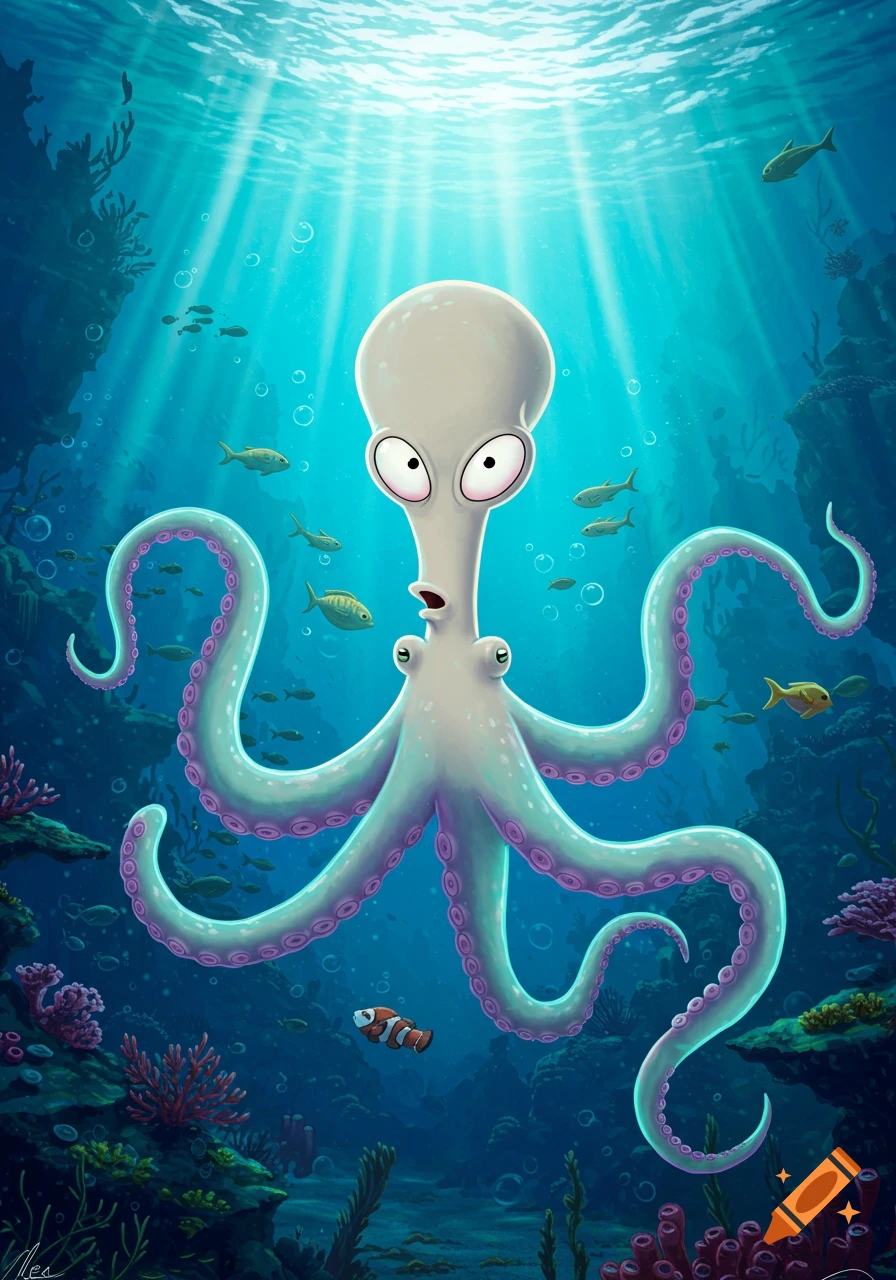 Cartoon illustration of Roger from American Dad as an octopus in a vibrant underwater coral reef.