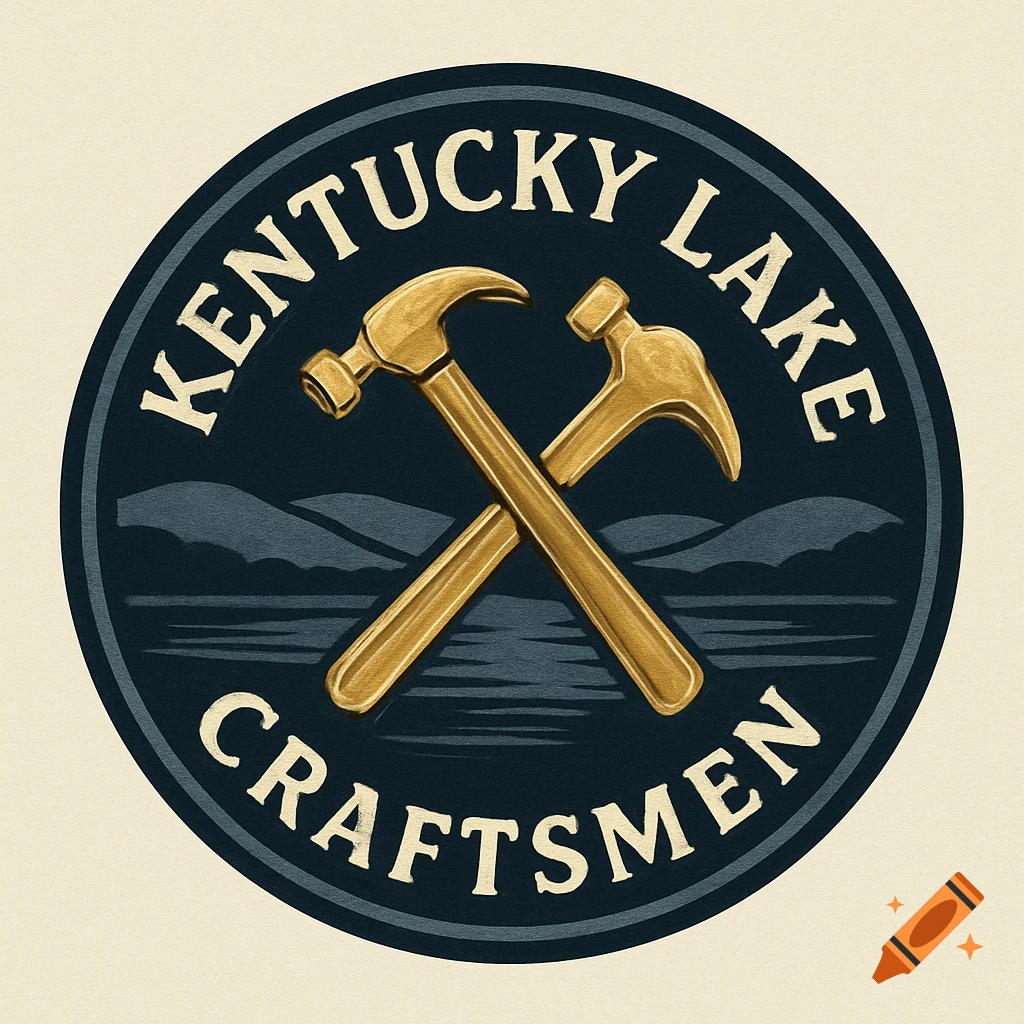 Circular logo with 'KENTUCKY LAKE CRAFTSMEN' text, two crossed gold hammers, a dark blue lake, and hills.