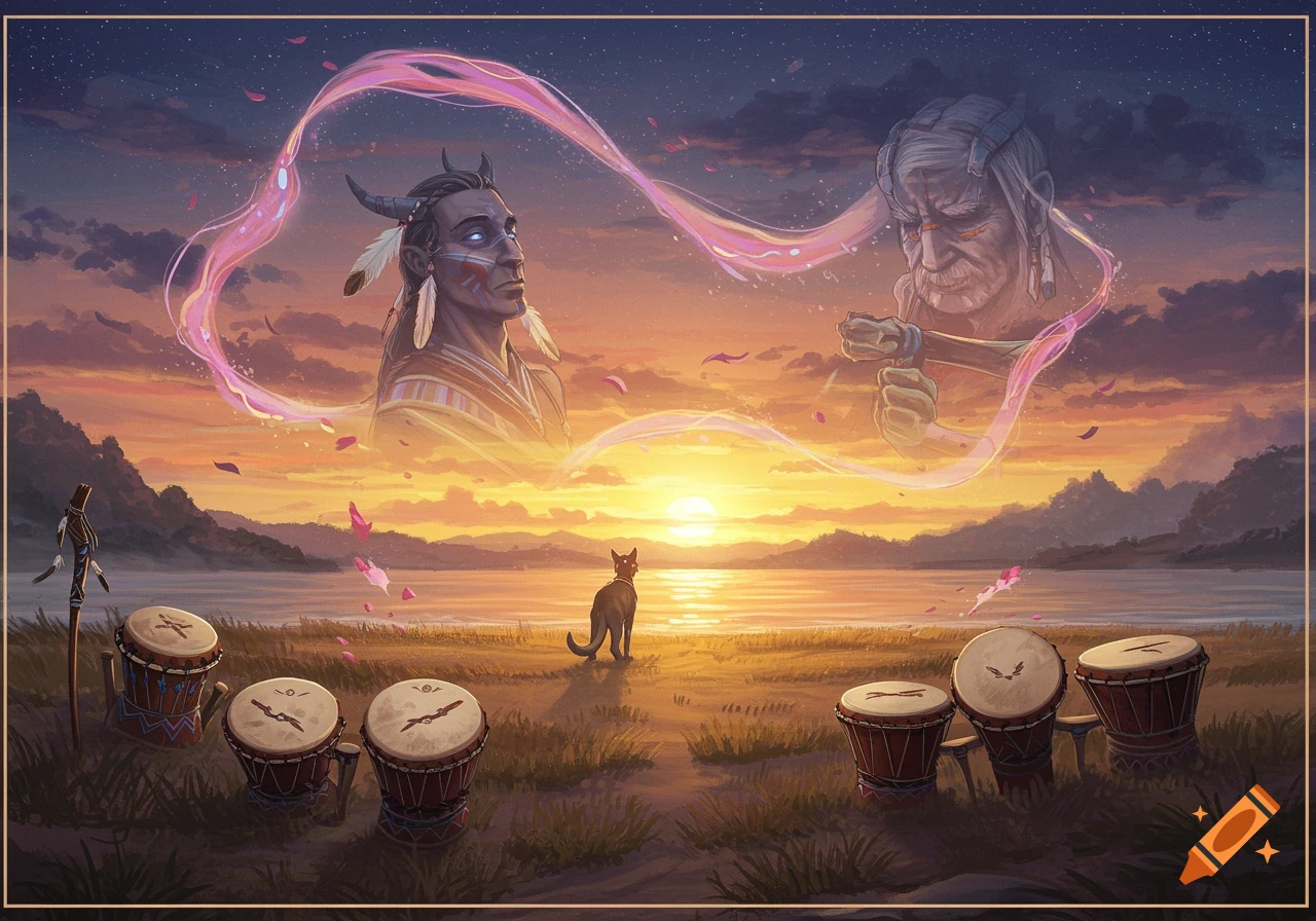 Illustrated scene of two ethereal Native American figures connected by ribbons over a sunset lake with a cat and drums.