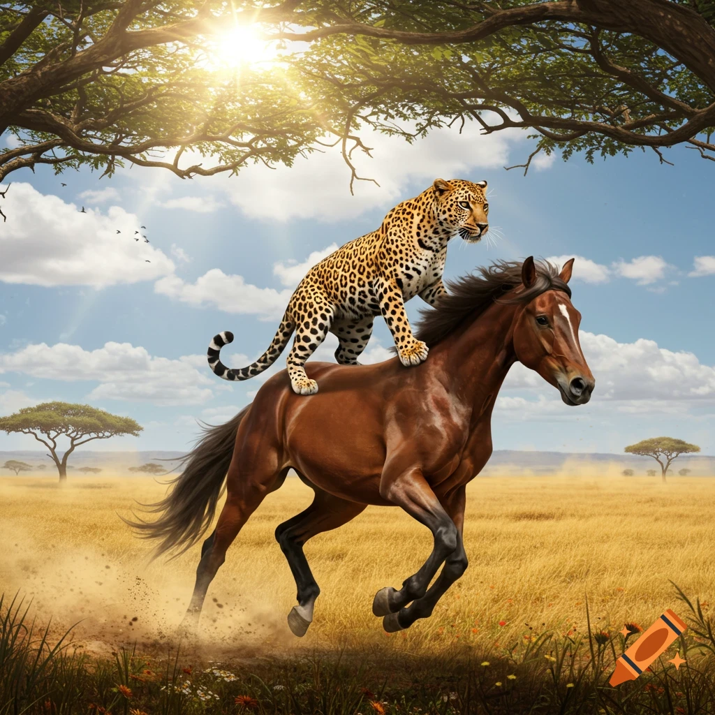 A photorealistic image of a leopard riding a brown horse galloping through a sunny savanna under a tree.