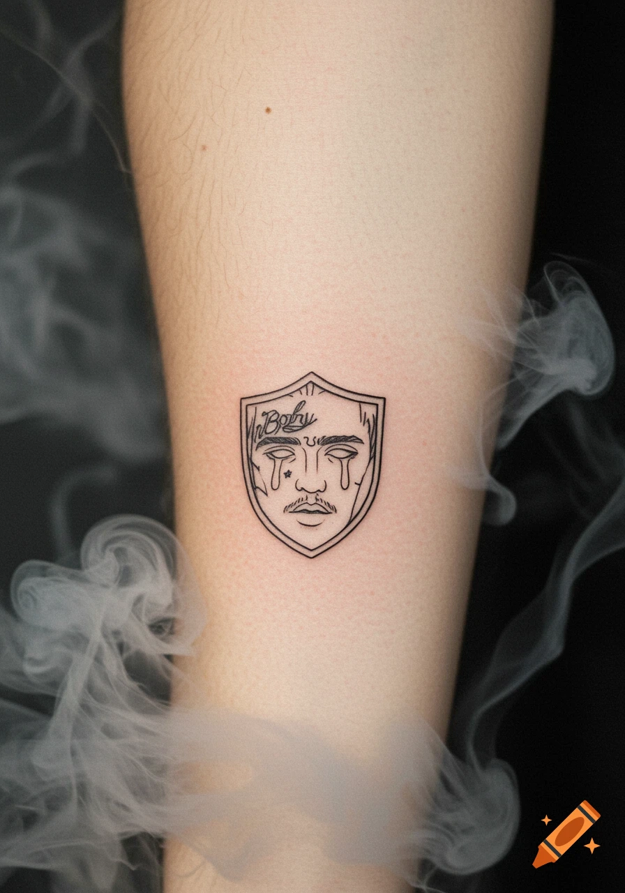 A minimalist tattoo of a stylized face with tears and the word 'Baby' on an arm, surrounded by smoke.