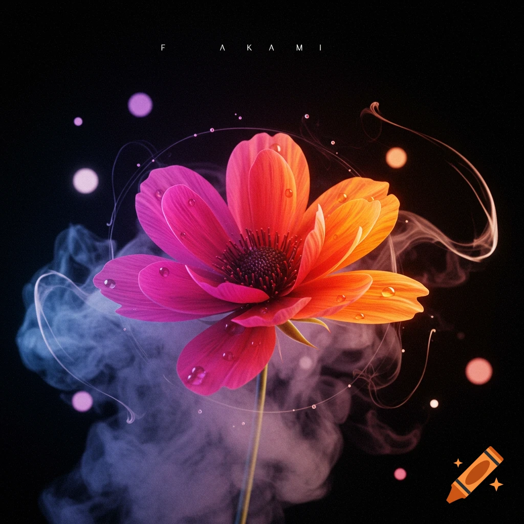 A vibrant pink and orange flower with water droplets and wisps of blue smoke on a black background, with text 'F A K A M I' above.