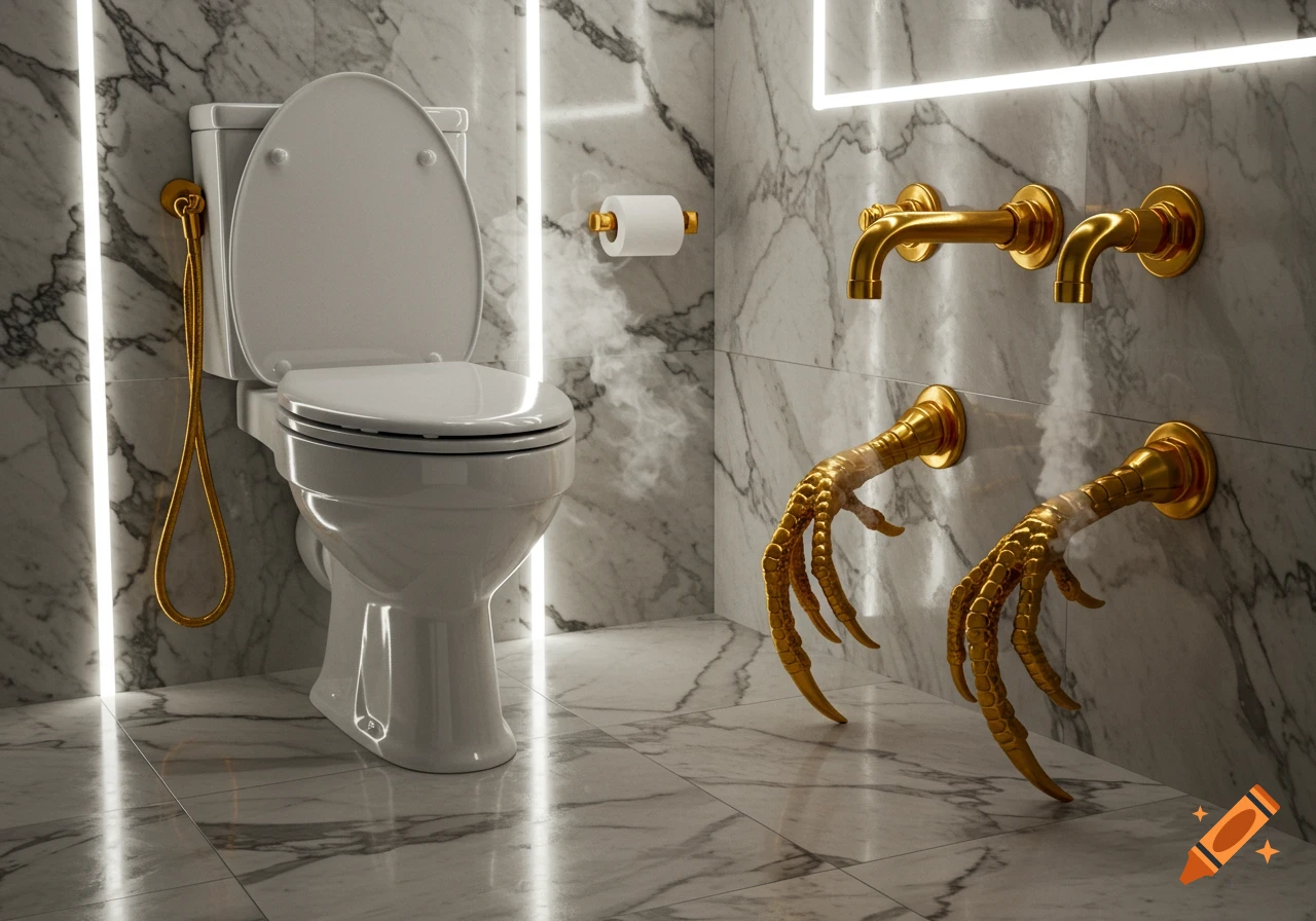 A luxurious white marble bathroom with a toilet and golden faucets and a bidet sprayer shaped like chicken talons.