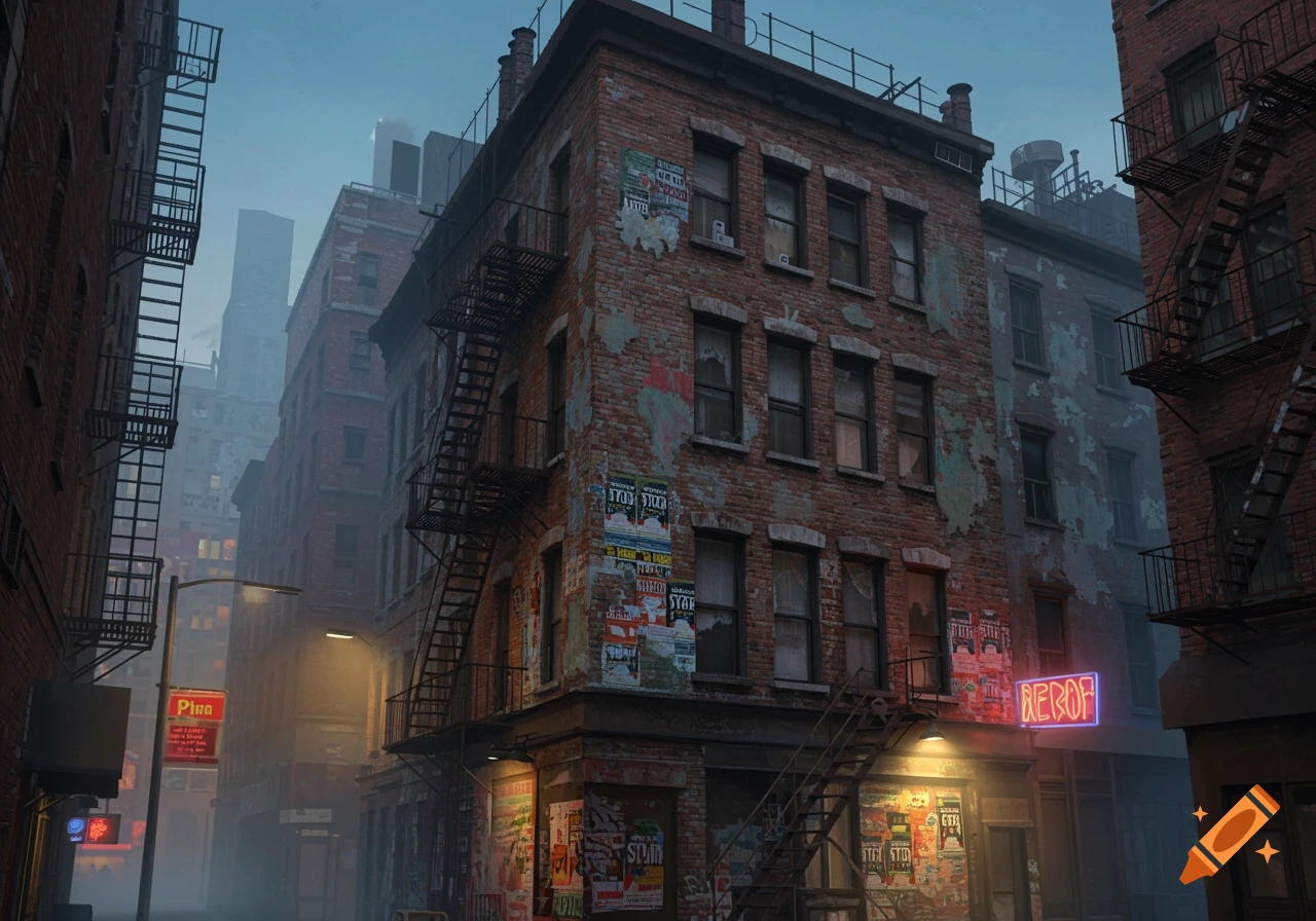 A run-down brick building with fire escapes and posters on its walls, illuminated by streetlights in a foggy urban alley at dusk.