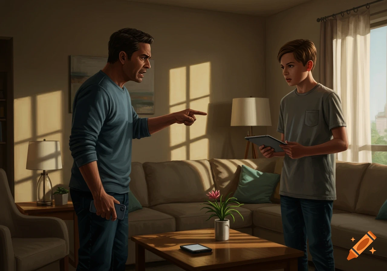 A father angrily points at his son holding a tablet in a sunlit living room.