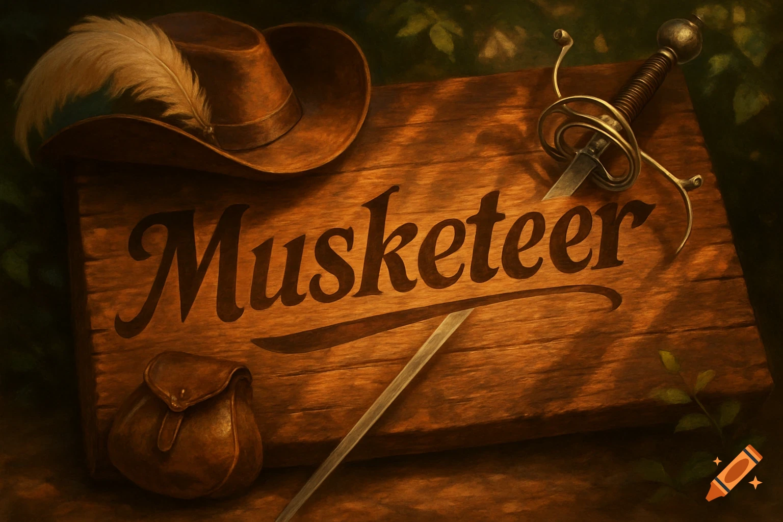 A feathered hat, a sword, and a pouch on a wooden board inscribed with 'Musketeer'.