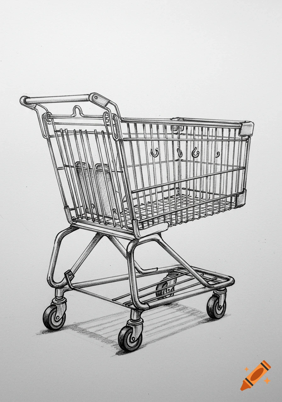 Black and white sketch of a shopping cart with hooks on a white background, casting a shadow.
