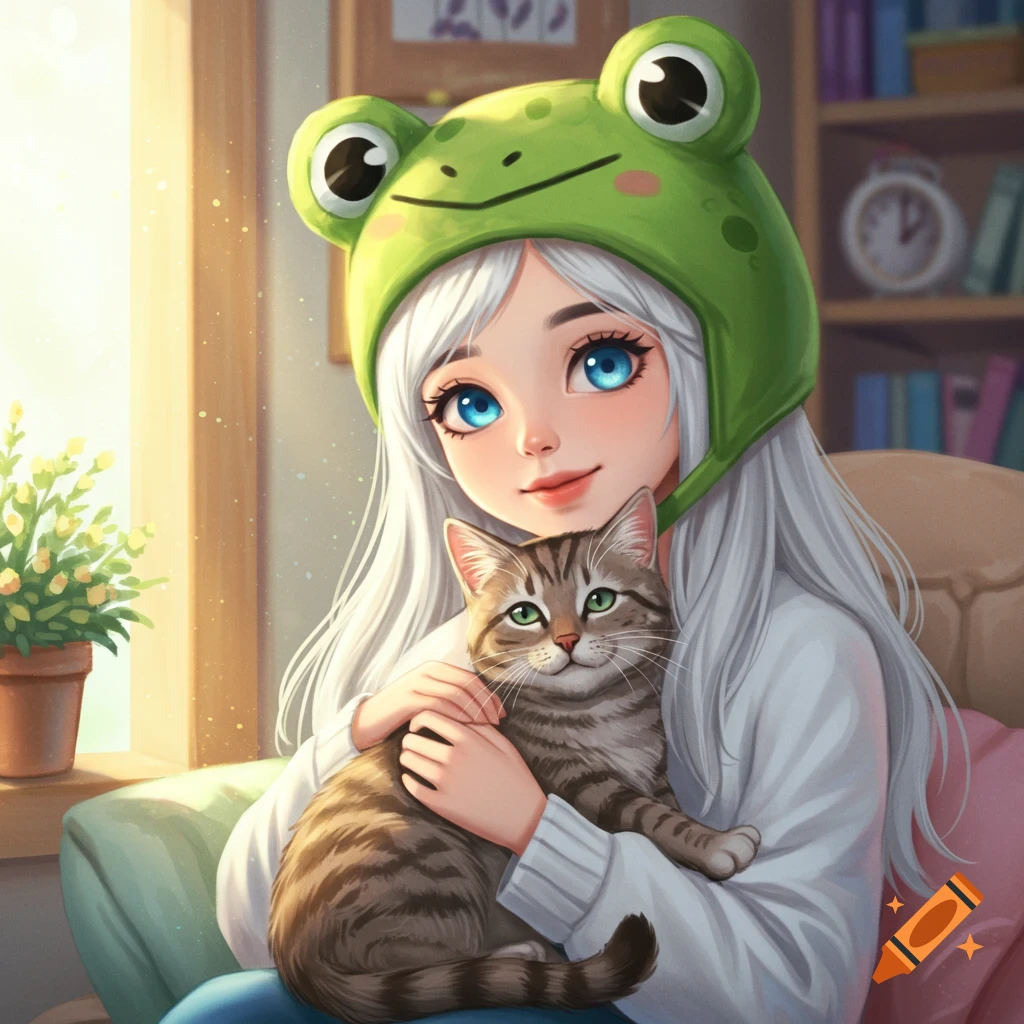 Cartoon girl with white hair and blue eyes, wearing a green frog hat, cuddling a tabby cat in a bright room.
